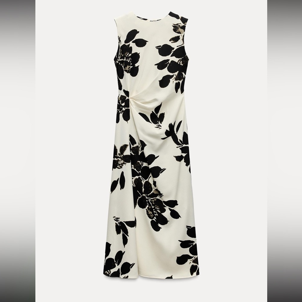 NWT Zara Printed Midi Dress in Ecru/Black